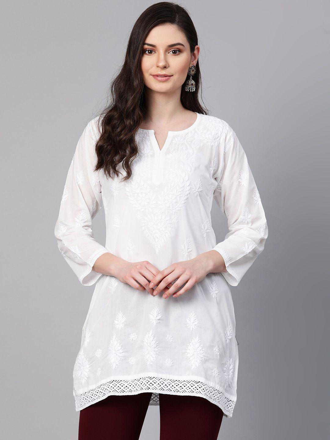 ada women white chikankari hand embroidered pure cotton straight sustainable handloom kurti