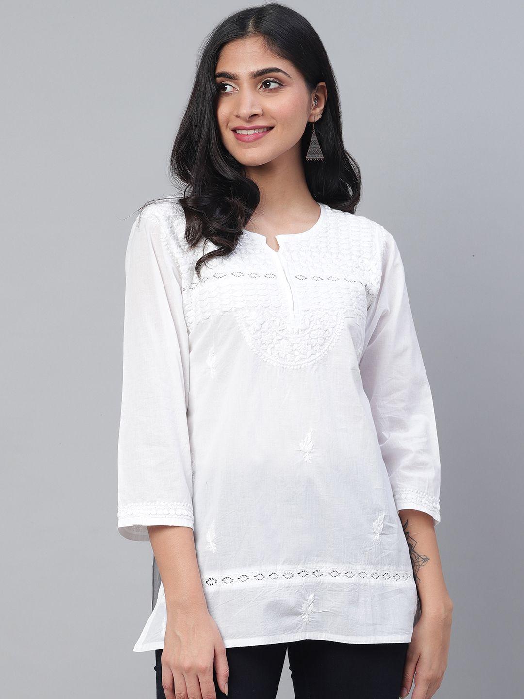 ada women white chikankari hand embroidered pure cotton straight sustainable kurti