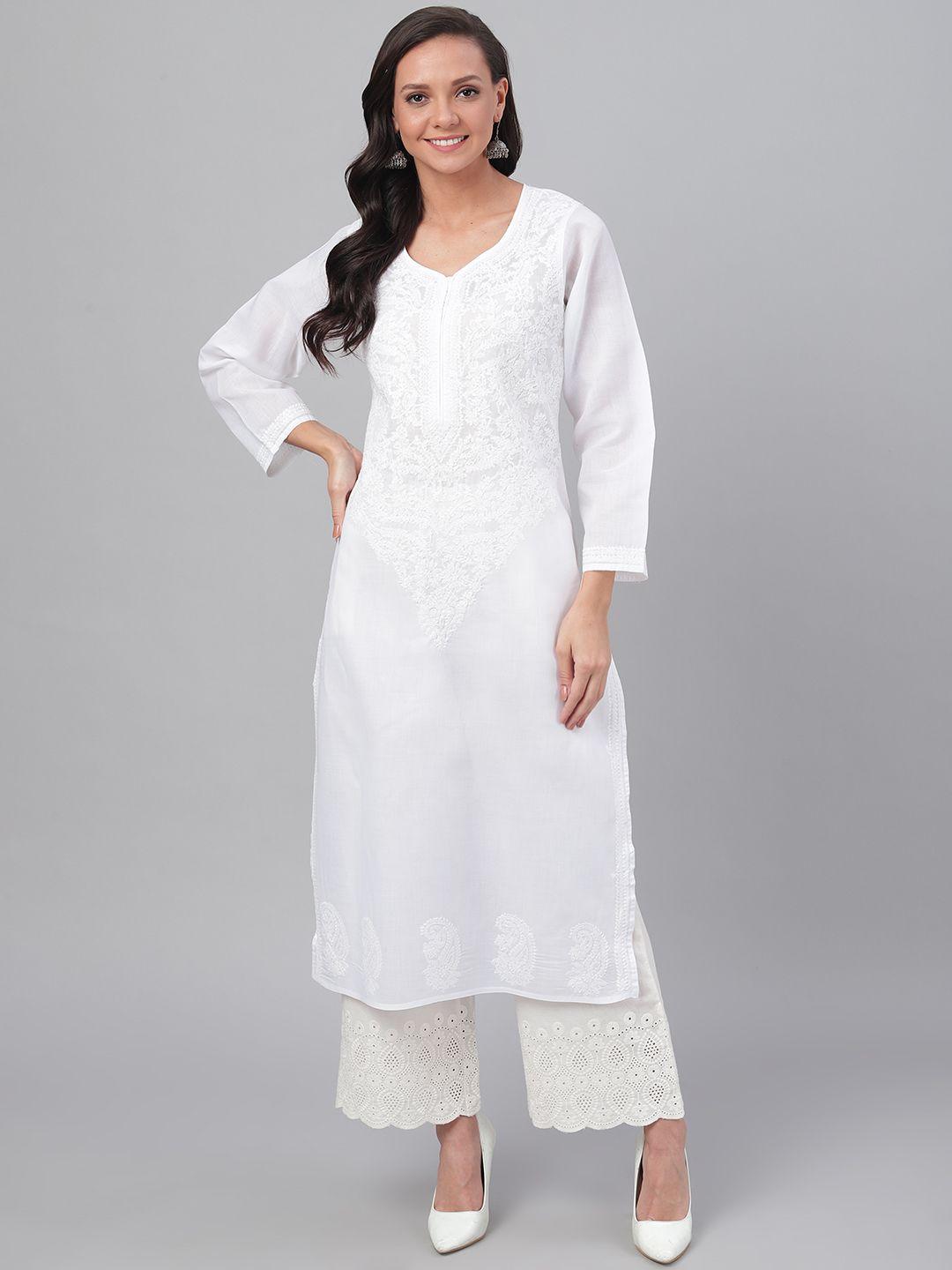 ada women white chikankari hand embroidered straight sustainable handloom kurta