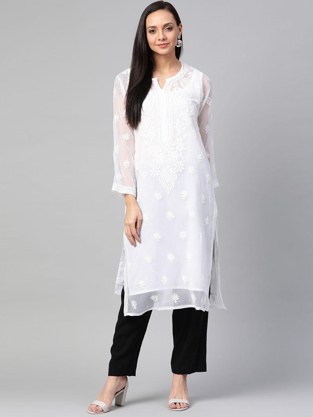 ada women white chikankari hand embroidered straight sustainable kurta