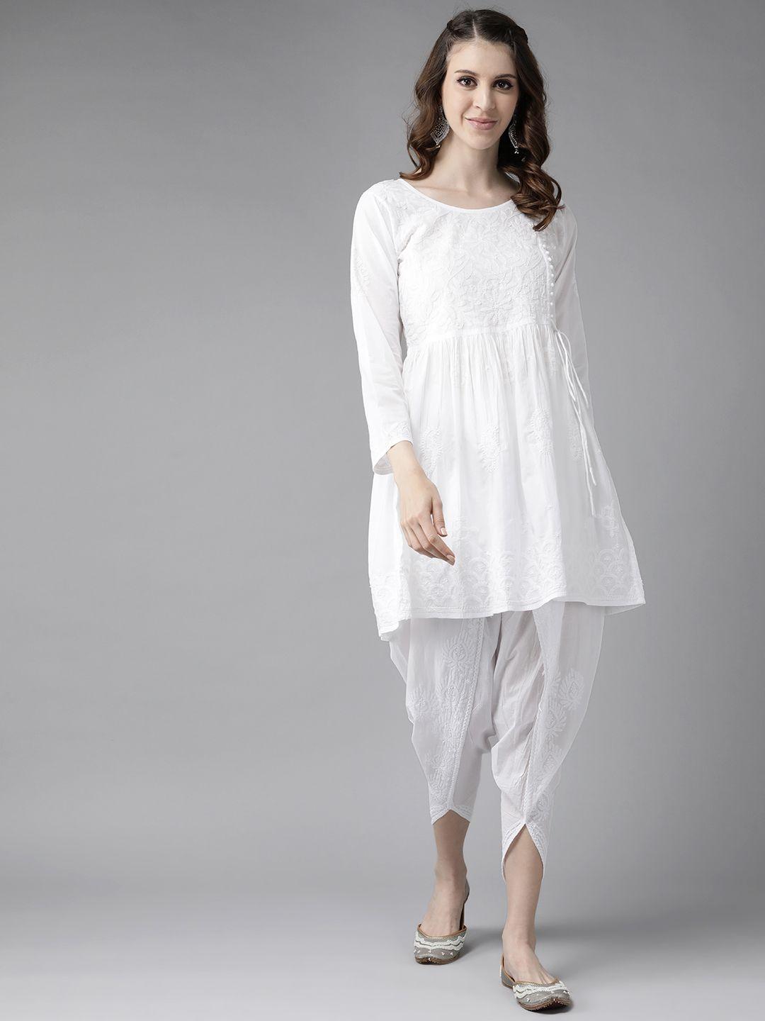 ada women white cotton sustainable hand embroidered chikankari a-line kurta & dhoti pants