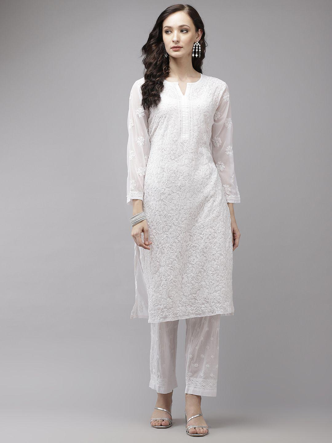 ada women white embroidered regular chikankari handloom kurta with palazzos