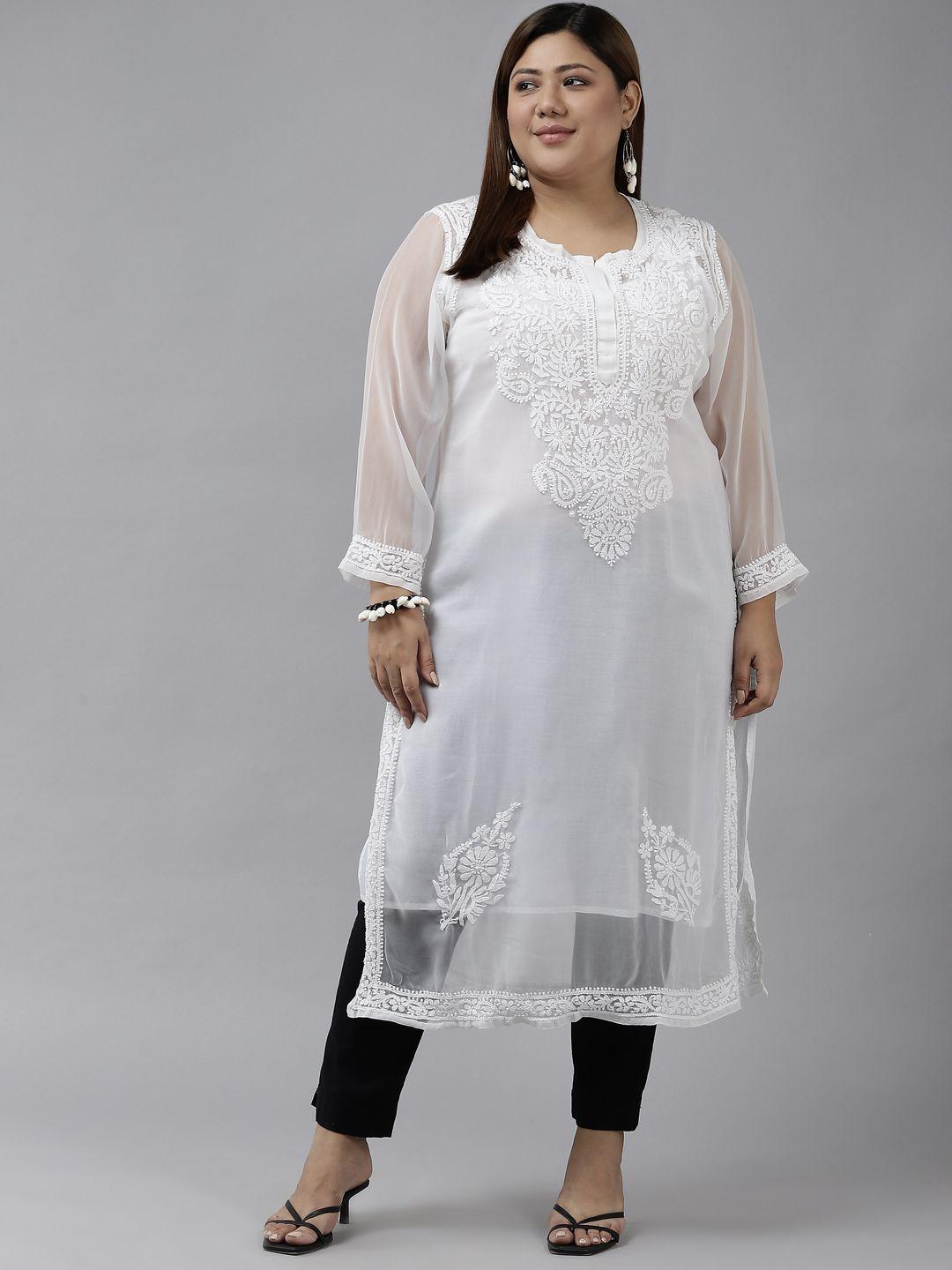 ada women white ethnic motifs embroidered chikankari georgette kurta with slip