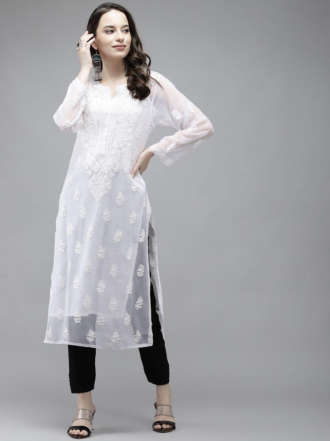 ada women white ethnic motifs regular chikankari handloom kurta with palazzos