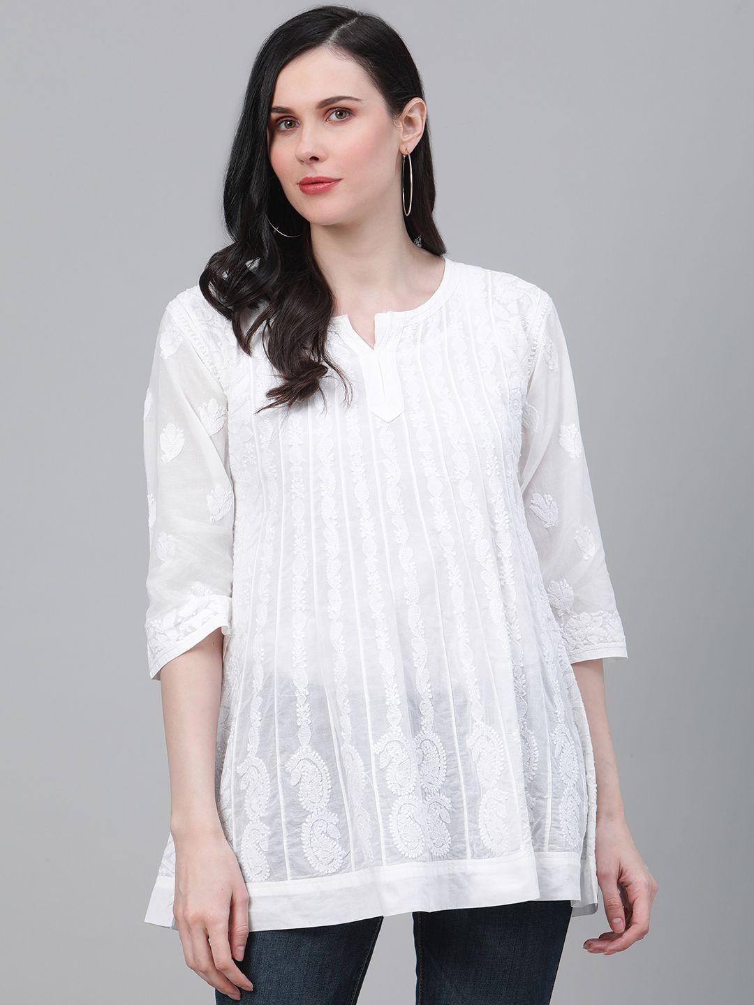 ada women white pure cotton chikankari embroidered straight a-line sustainable kurti