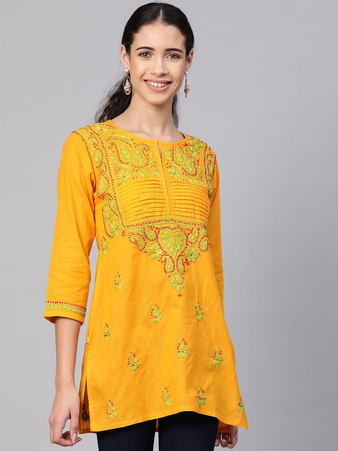 ada women yellow & green chikankari hand embroidered pure cotton sustainable handloom kurti