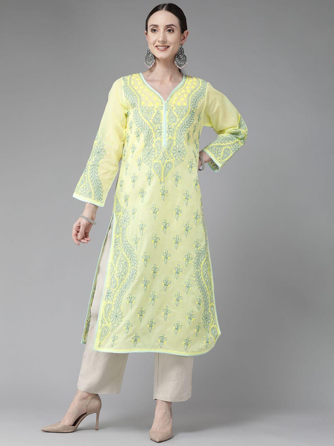 ada women yellow & green floral embroidered chikankari kurta