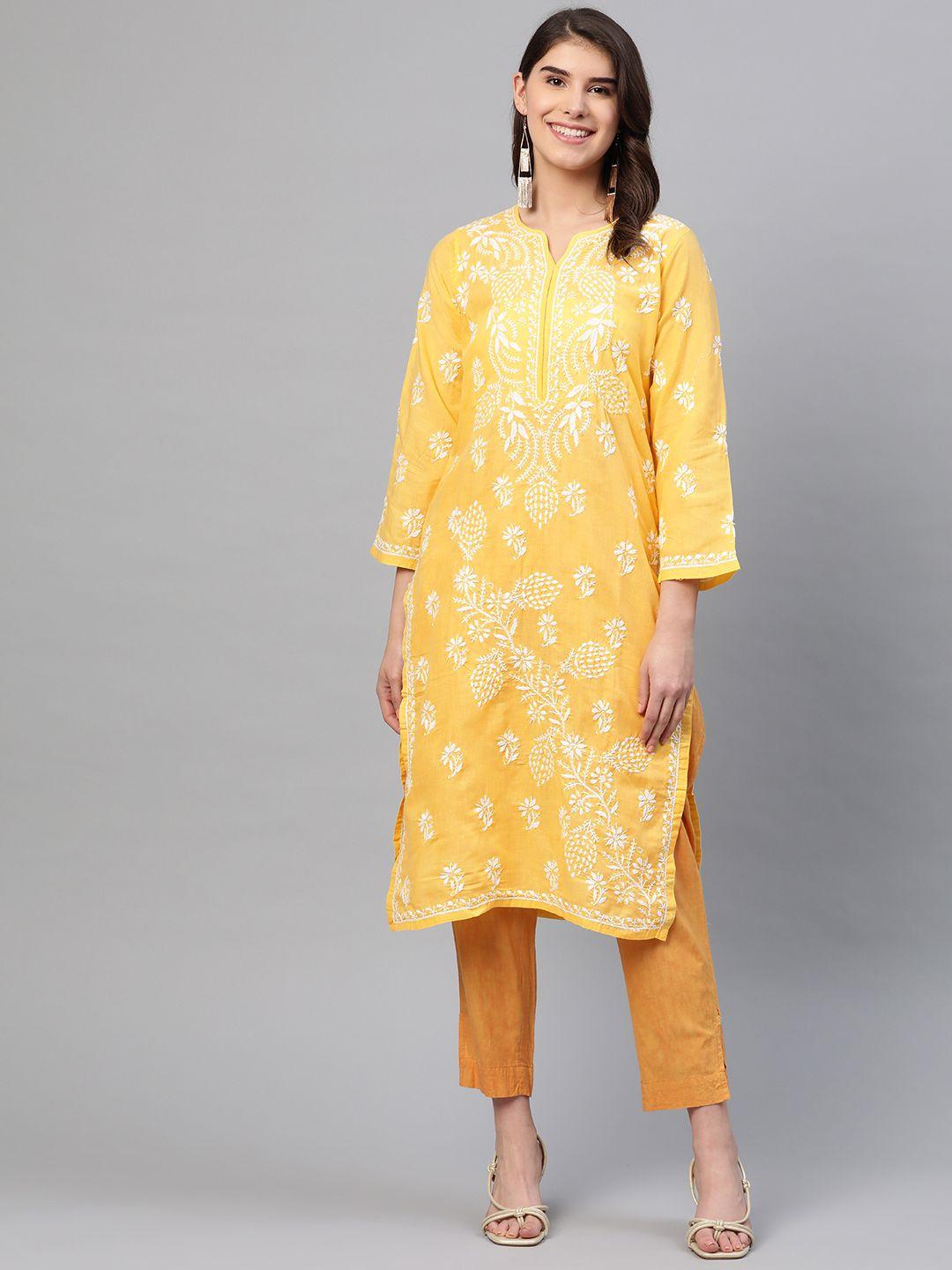 ada women yellow & white chikankari embroidered straight sustainable handloom kurta