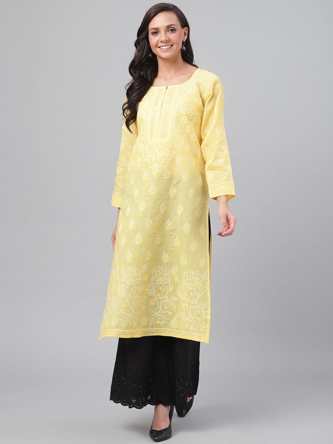 ada women yellow & white chikankari hand-embroidered straight sustainable handloom kurta