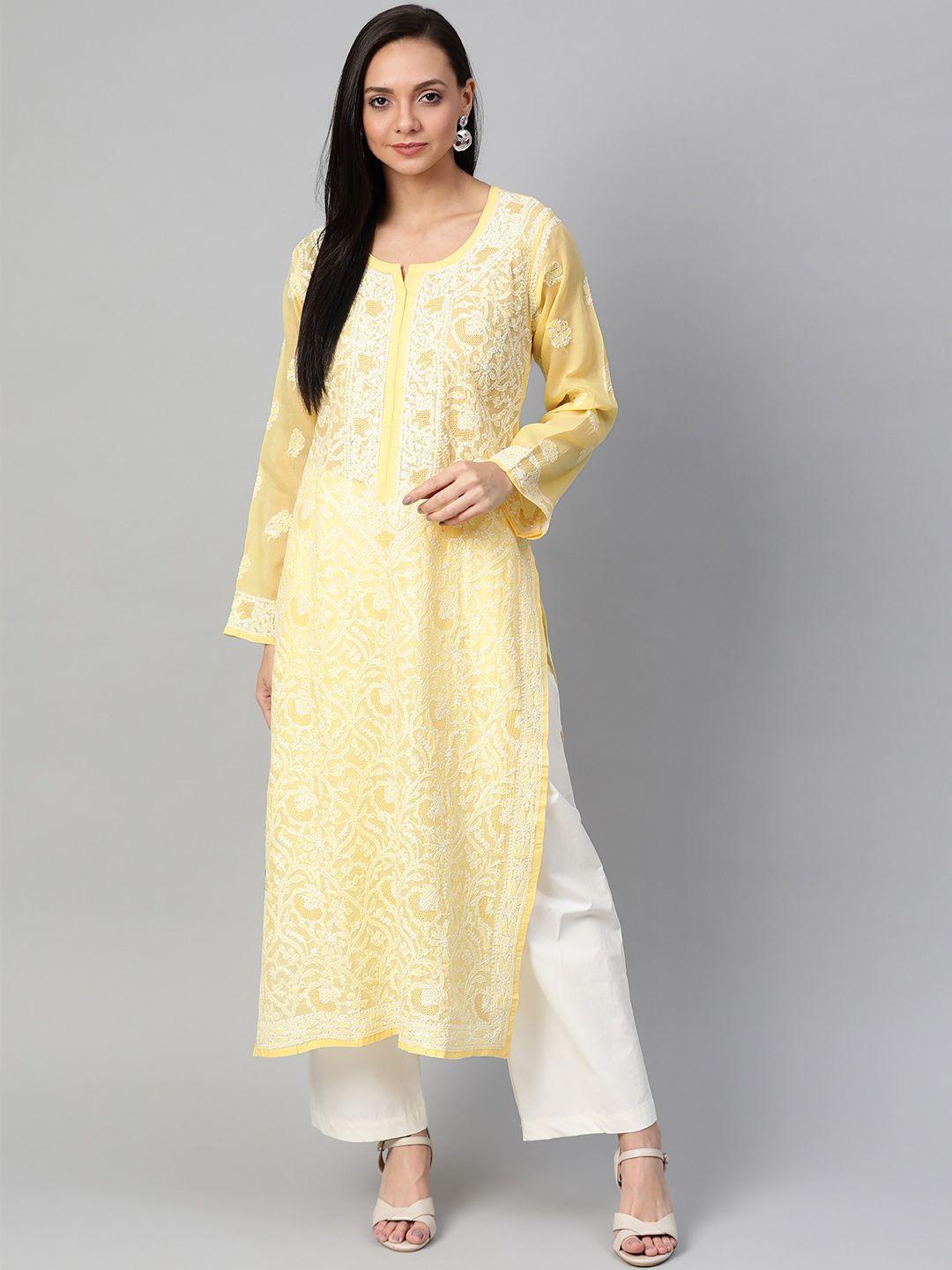 ada women yellow & white chikankari hand embroidered straight sustainable handloom kurta