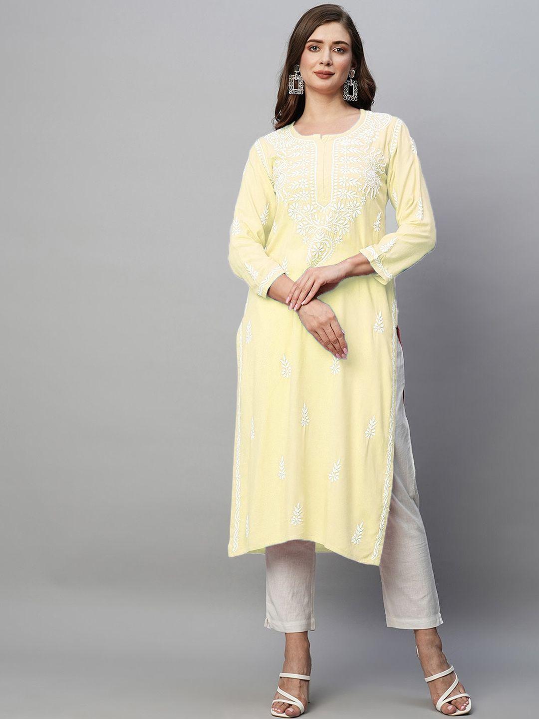 ada women yellow & white ethnic motifs embroidered chikankari kurta