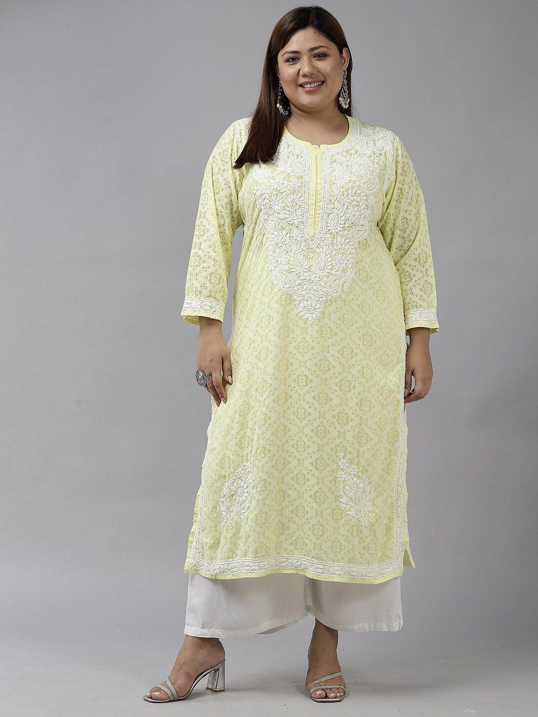 ada women yellow & white ethnic motifs plus size chikankari kurta