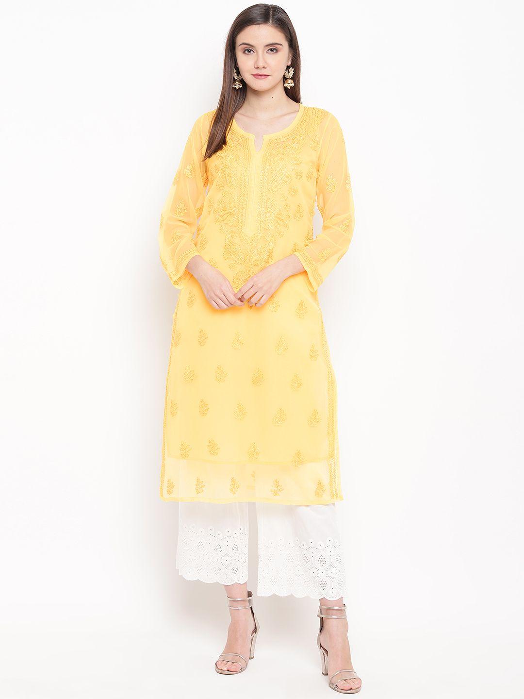 ada women yellow chikankari hand embroidered semi-sheer straight sustainable handloom kurta with slip