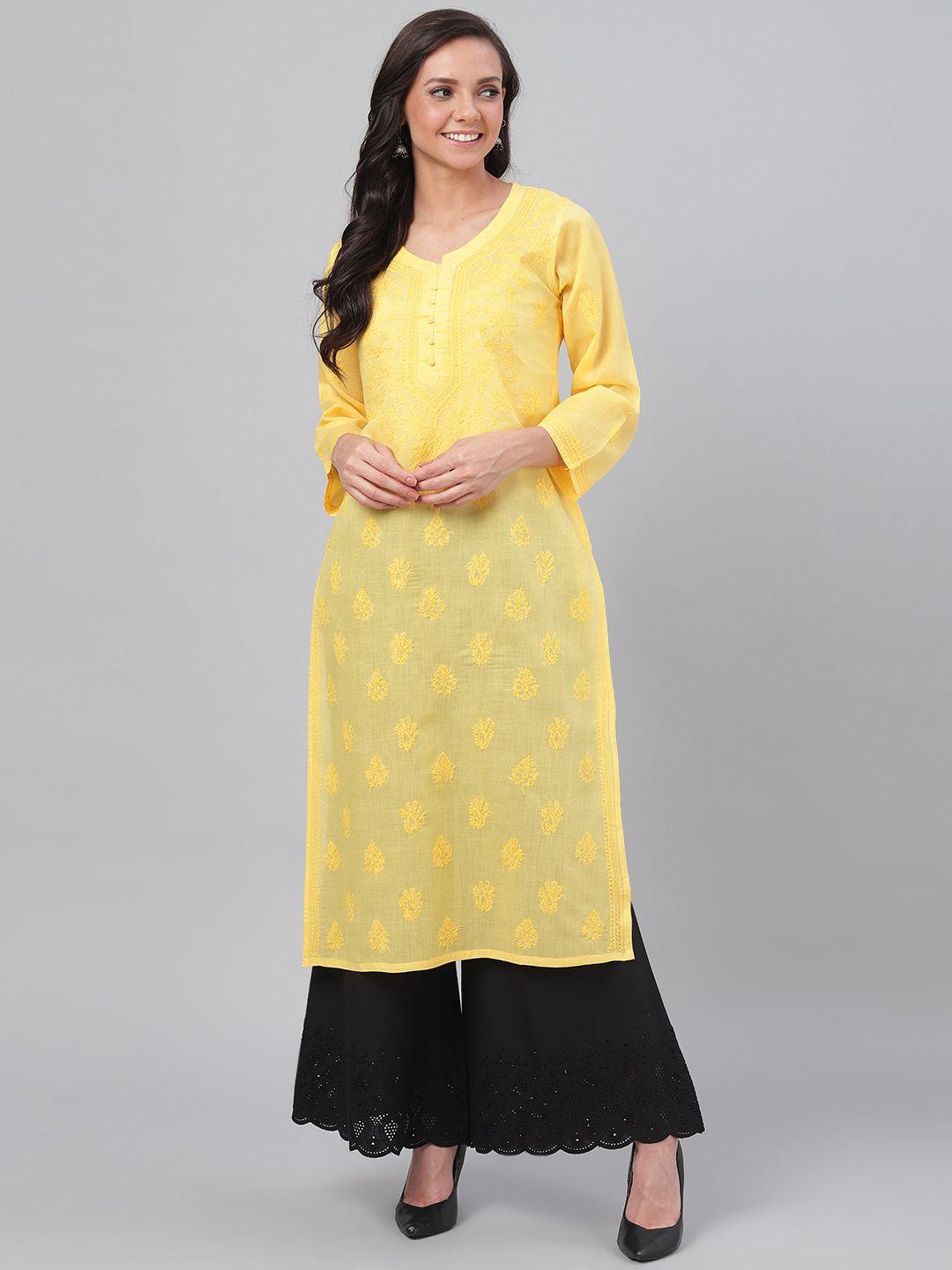 ada women yellow chikankari hand embroidered straight sustainable handloom kurta