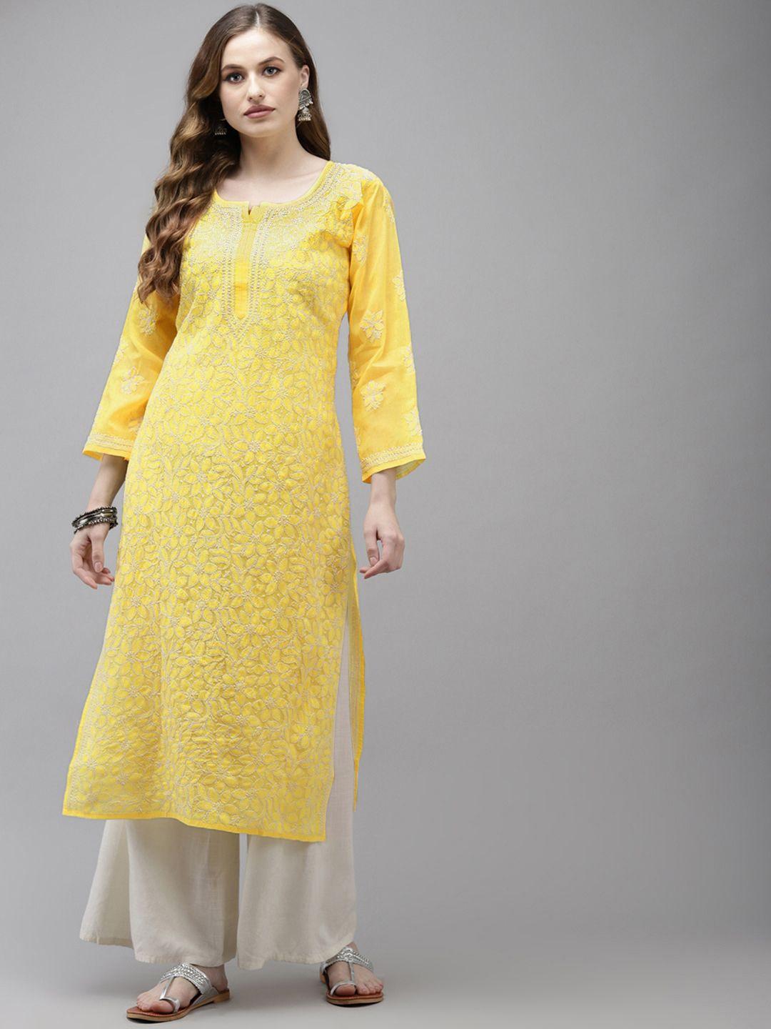 ada women yellow ethnic motifs chikankari handloom handloom kurta