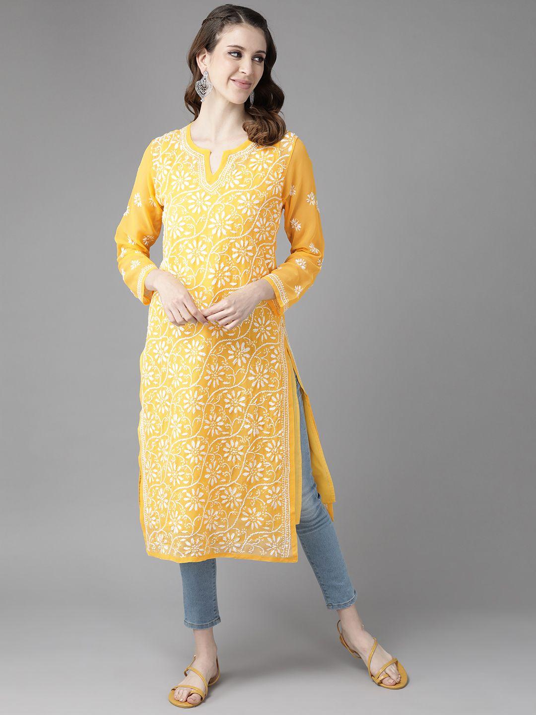 ada women yellow ethnic motifs sustainable hand embroidered chikankari handloom kurta with inner