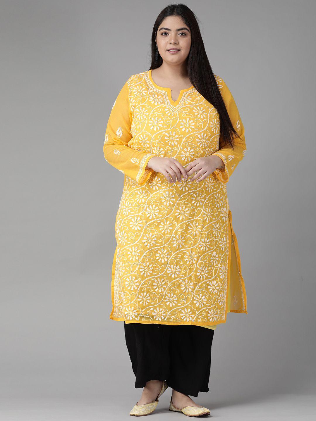 ada women yellow floral embroidered chikankari georgette handloom kurta with matching slip