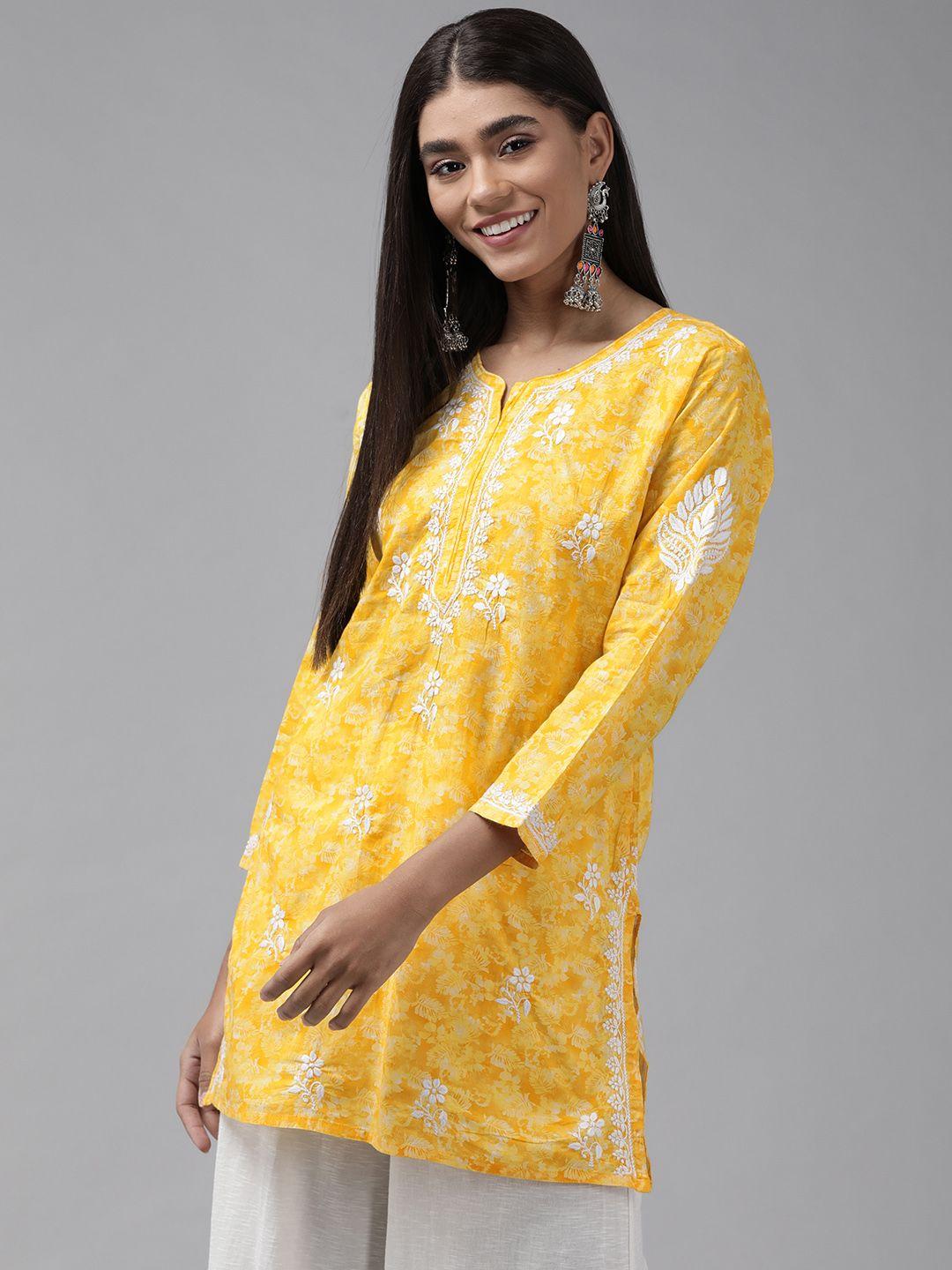 ada yellow & white ethnic motifs embroidered chikankari handloom kurti