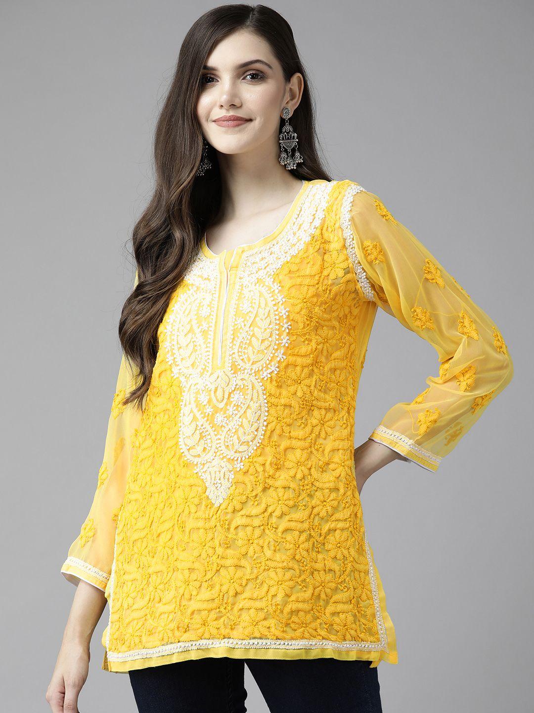 ada yellow & white ethnic motifs embroidered chikankari kurti with inner