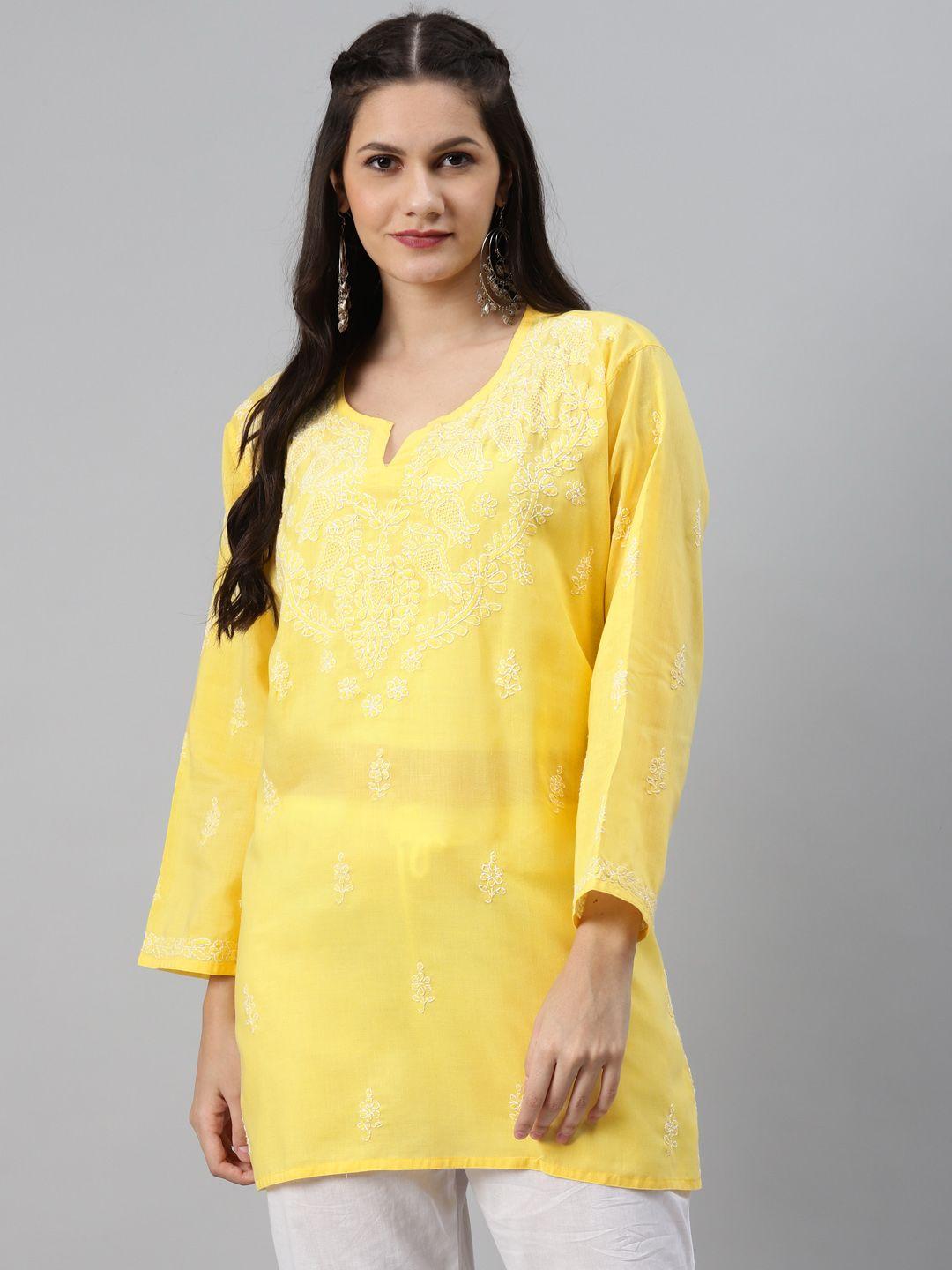 ada yellow & white ethnic motifs hand embroidered chikankari pure cotton kurti