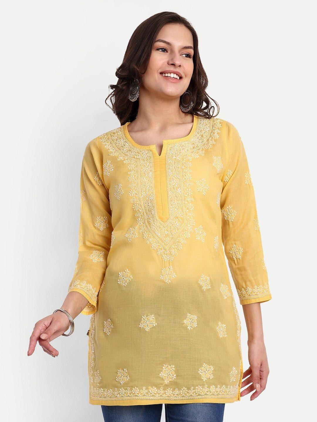 ada yellow floral embroidered thread work pure cotton thread work kurti