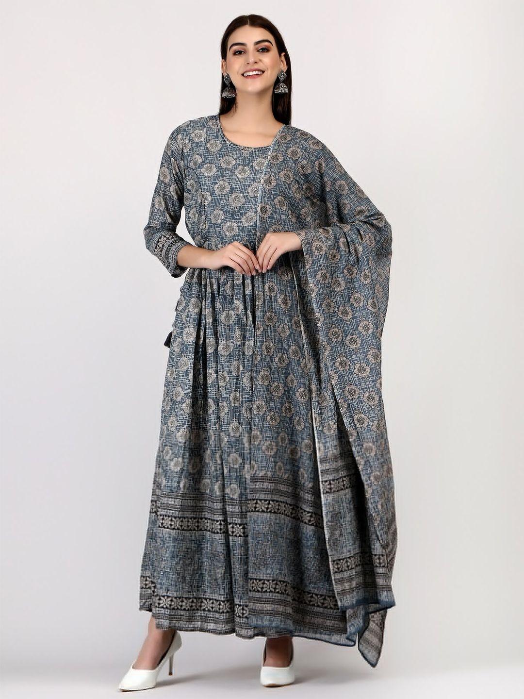 adaa jaipur floral printed cotton a-line dress with dupatta