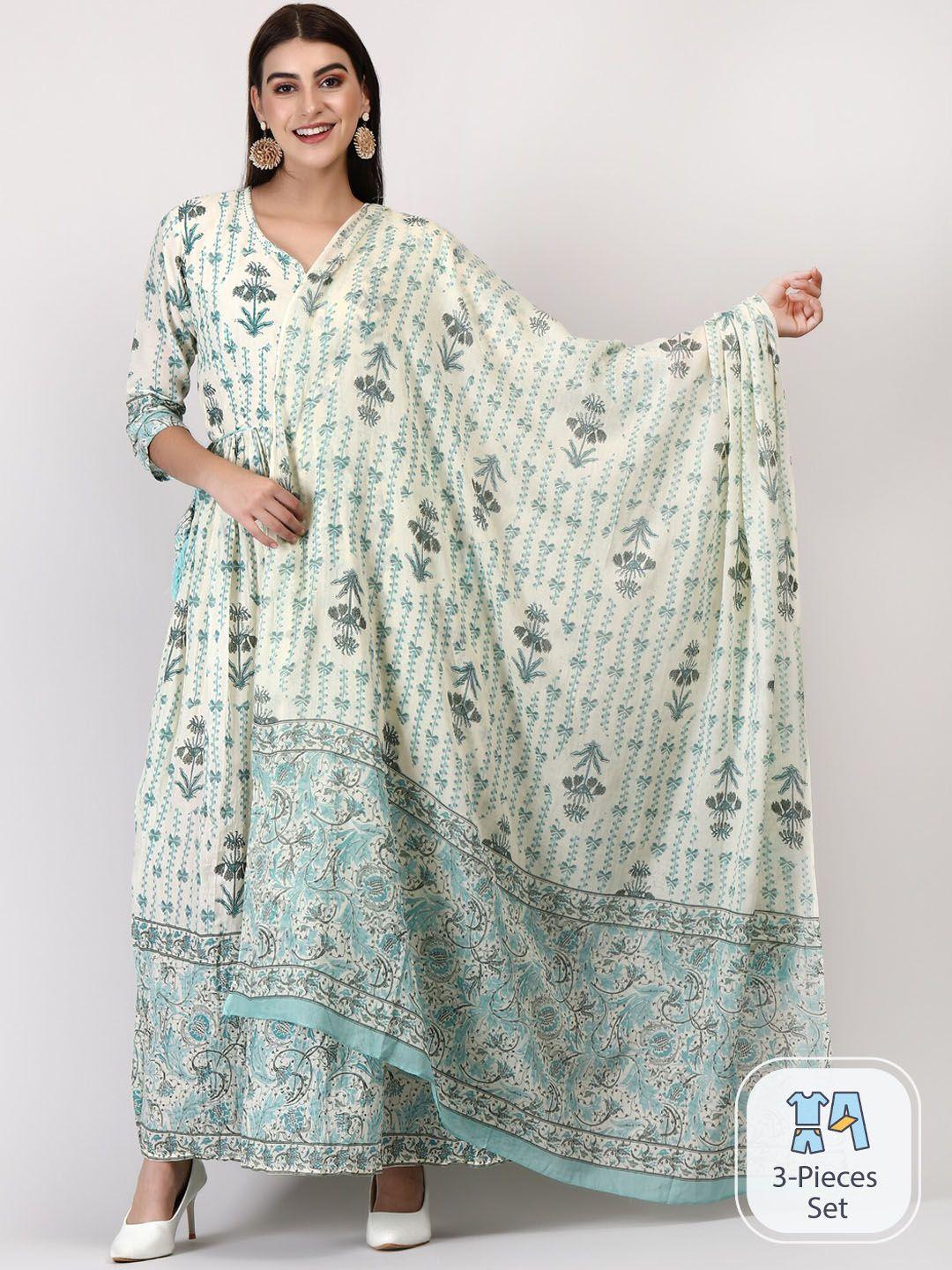 adaa jaipur floral printed v-neck ethnic dress with dupatta