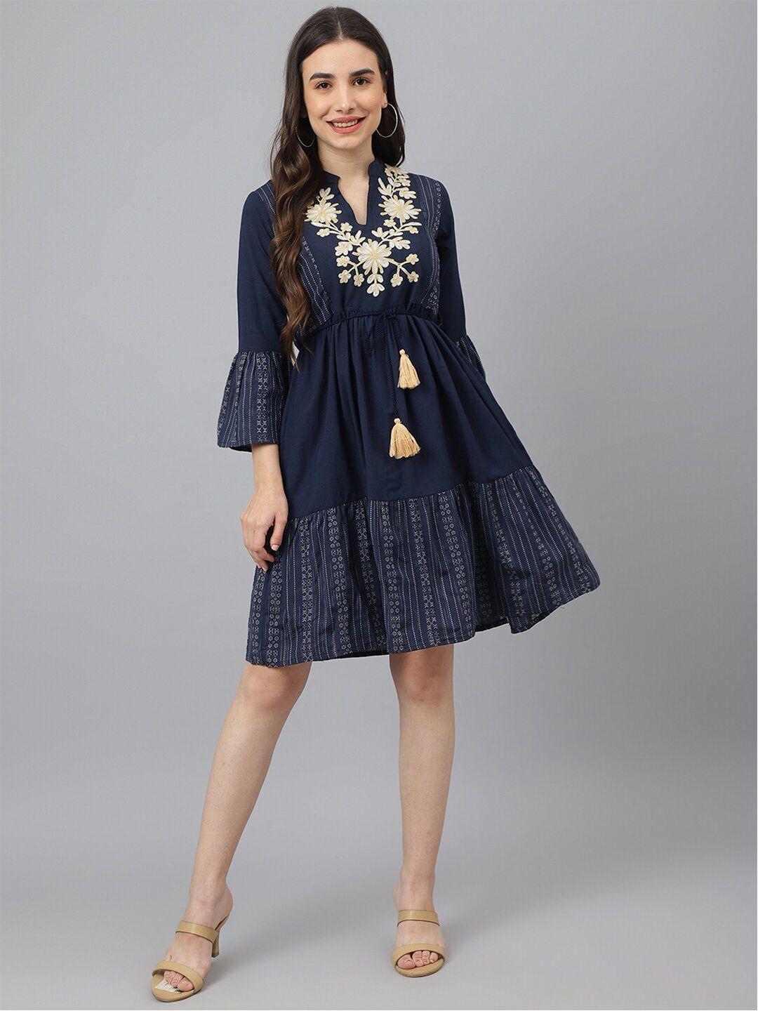 adaa jaipur navy blue floral embroidered bell sleeves women cotton dress