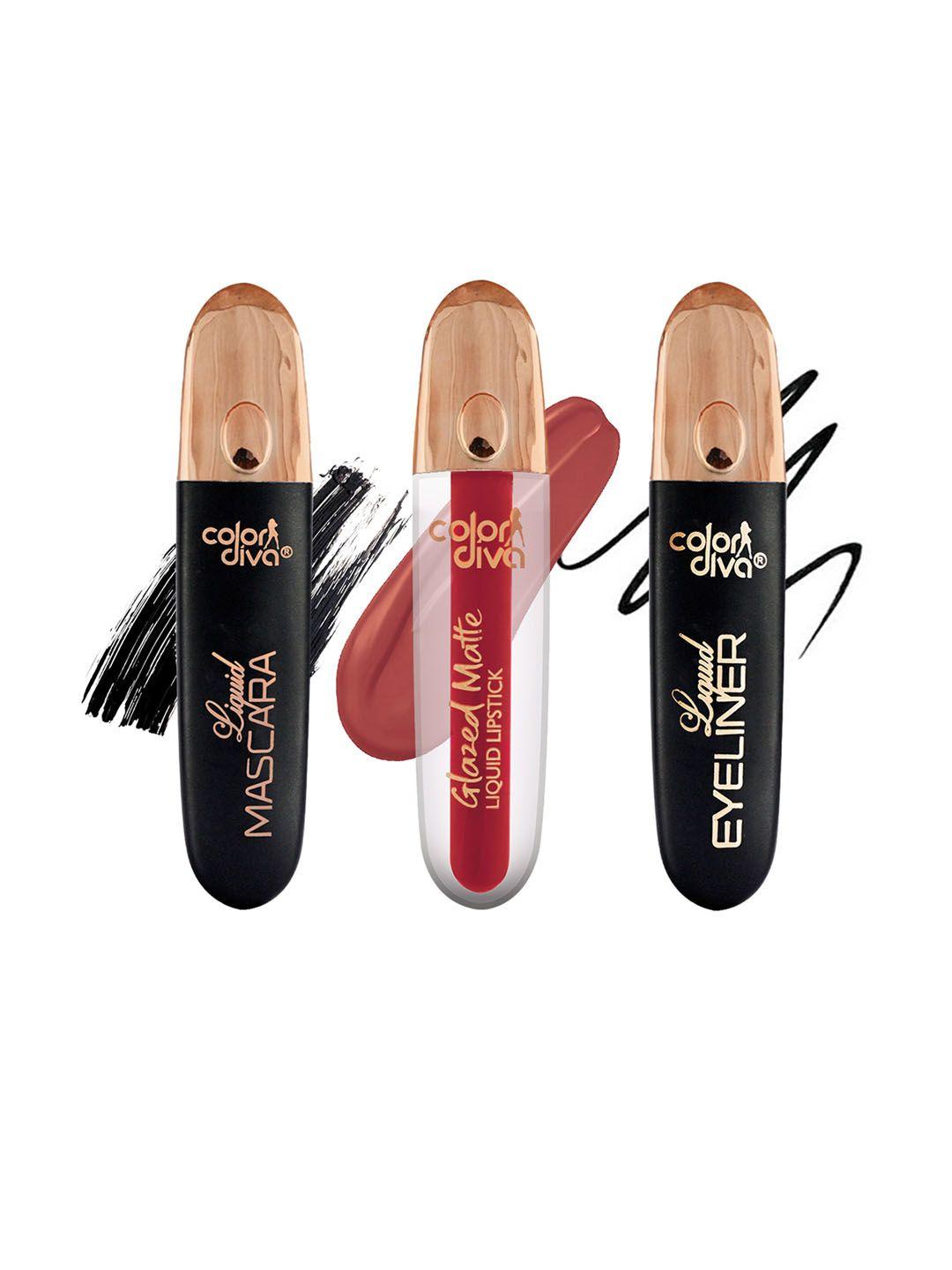 adbeni set of 3 glazed matte lipstick -chilling lips 126 with eyeliner & mascara