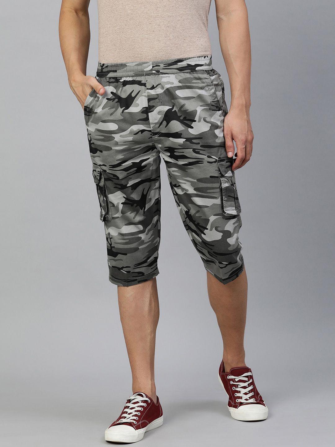 adbucks men charcoal grey & black camouflage printed pure cotton 3/4th cargo shorts