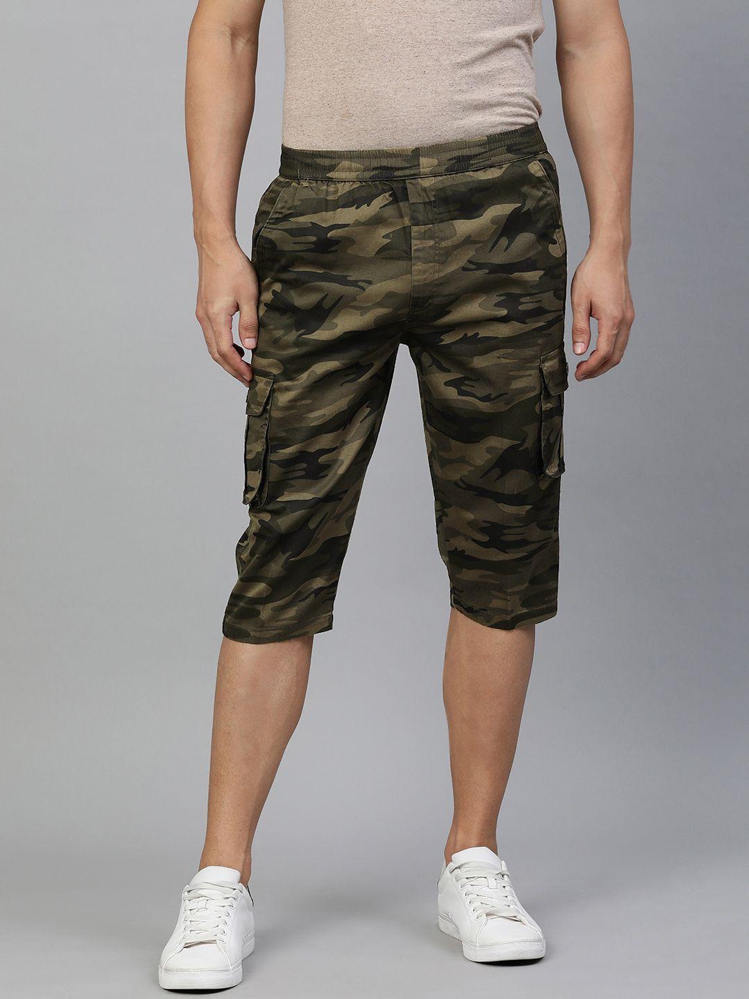 adbucks men olive green & brown camouflage printed pure cotton 3/4th cargo shorts