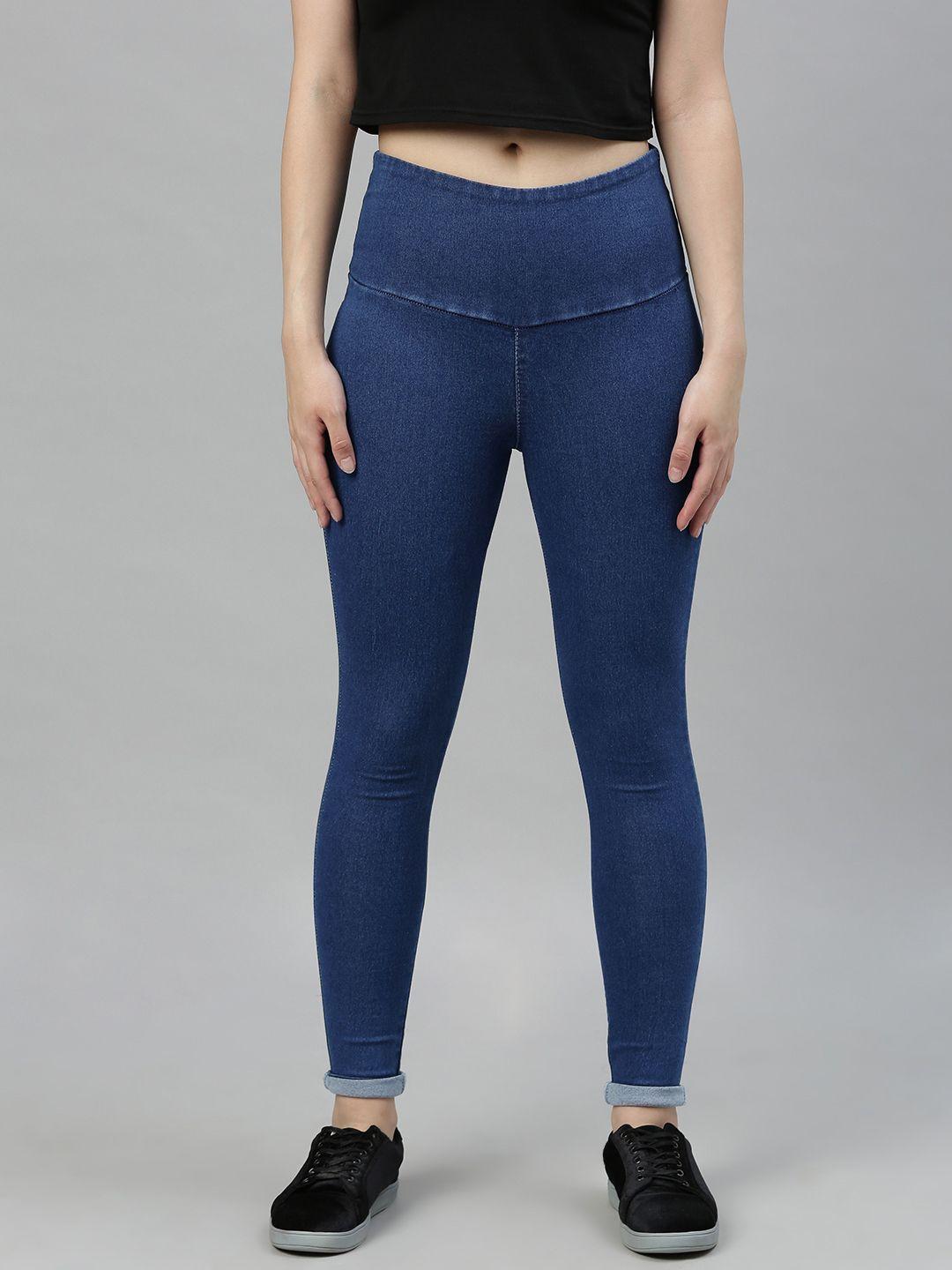 adbucks women blue solid slim fit tummy tucker high waist jeggings