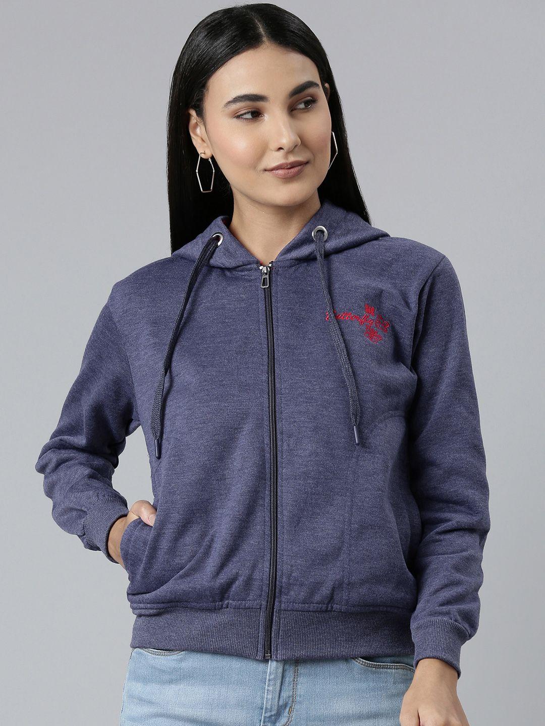 adbucks women navy blue embroidered hooded sweatshirt