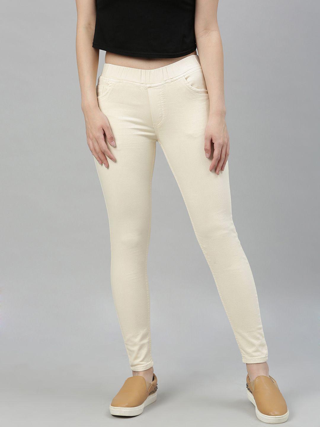 adbucks women's beige solid denim lycra jeggings with 5 pocket & elasticated waistband