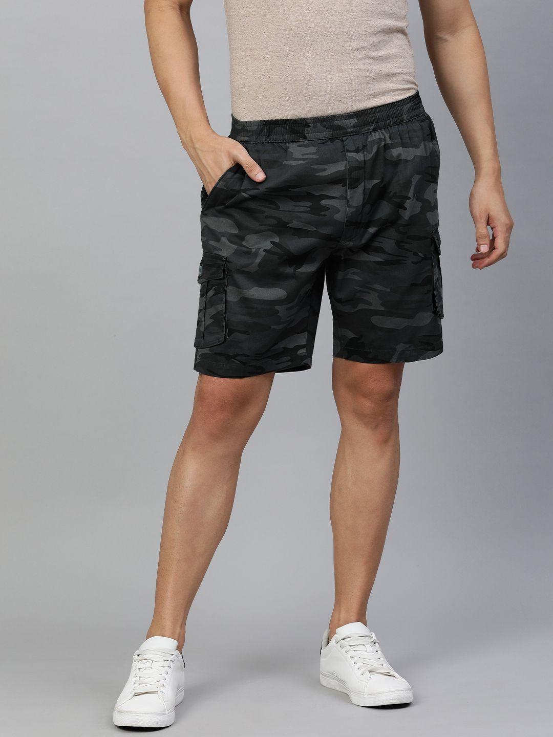 adbucks men blue & charcoal grey camouflage printed pure cotton cargo shorts