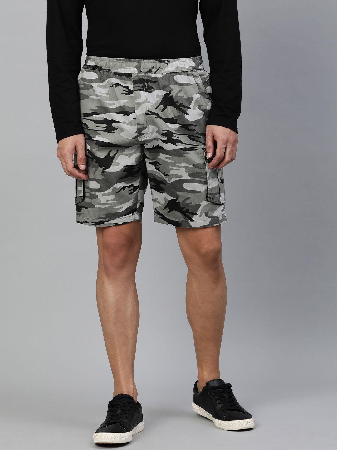 adbucks men charcoal grey camouflage printed pure cotton cargo shorts