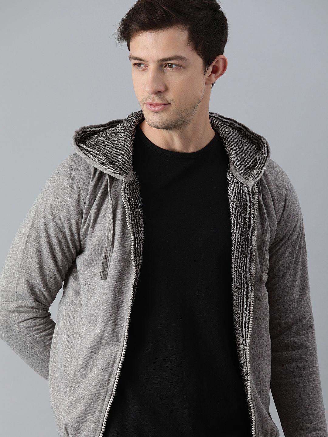 adbucks men grey melange cotton hooded sweatshirt