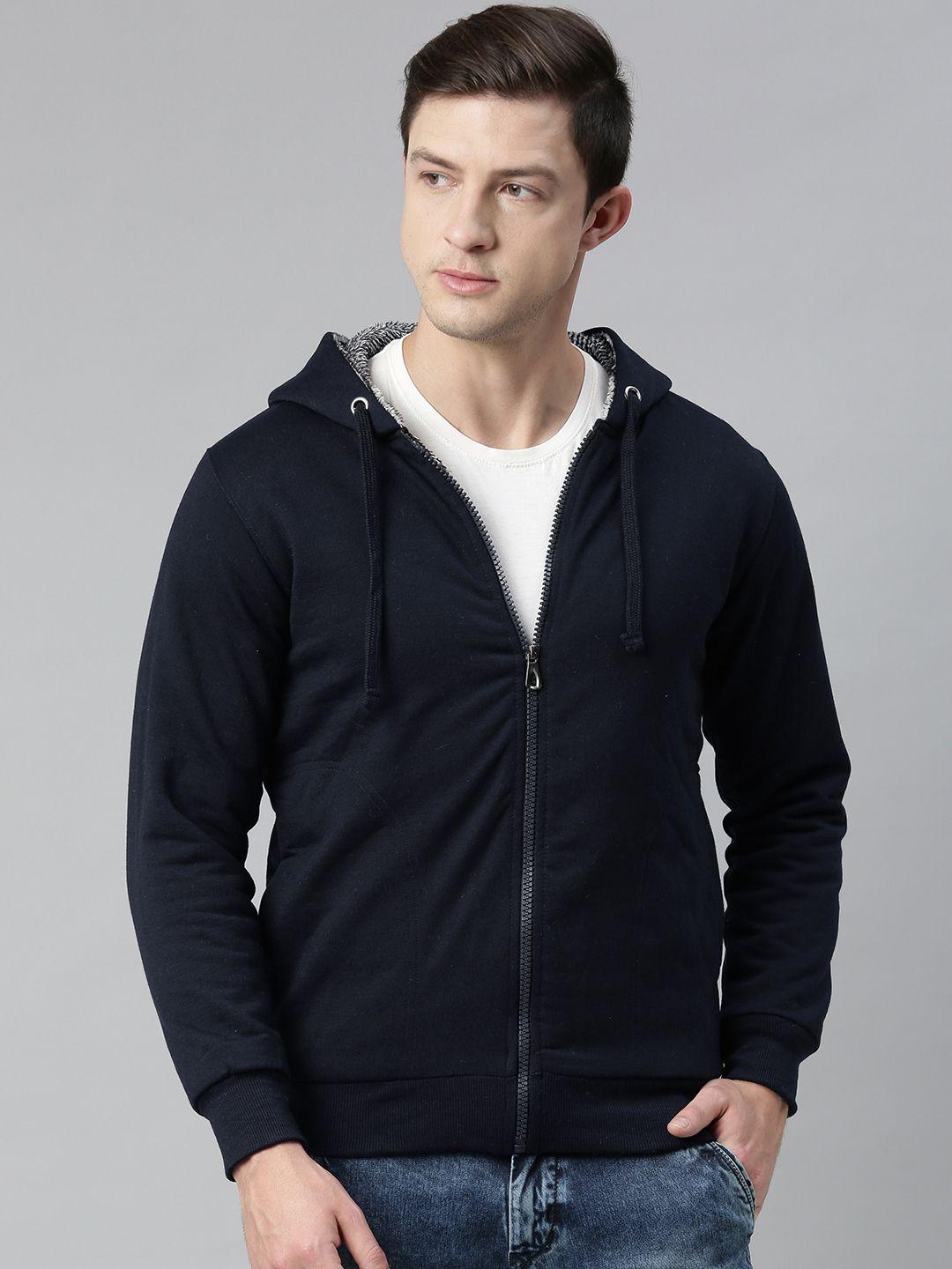 adbucks men navy blue solid hooded sweatshirt