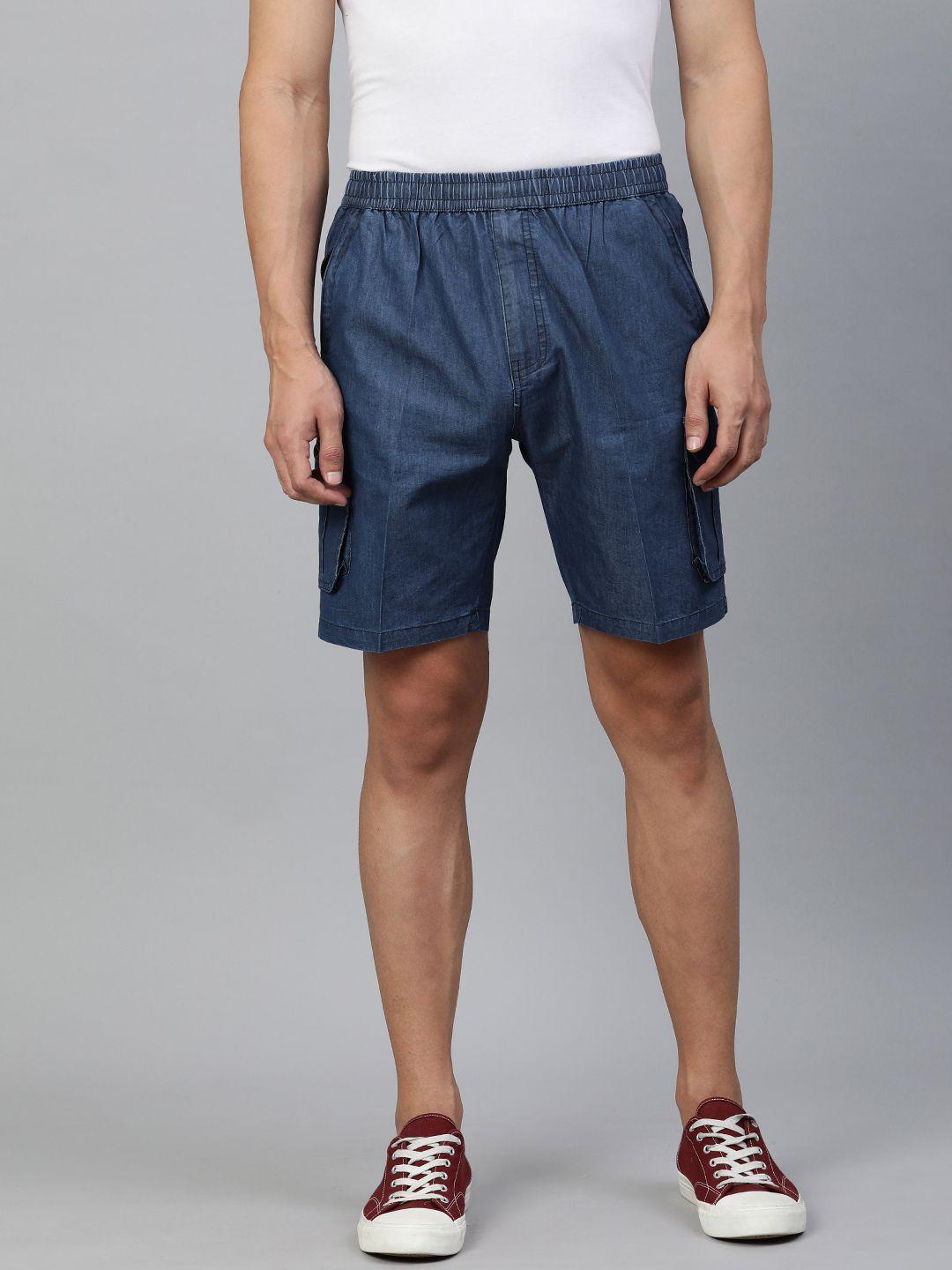 adbucks men navy blue solid pure cotton denim cargo shorts