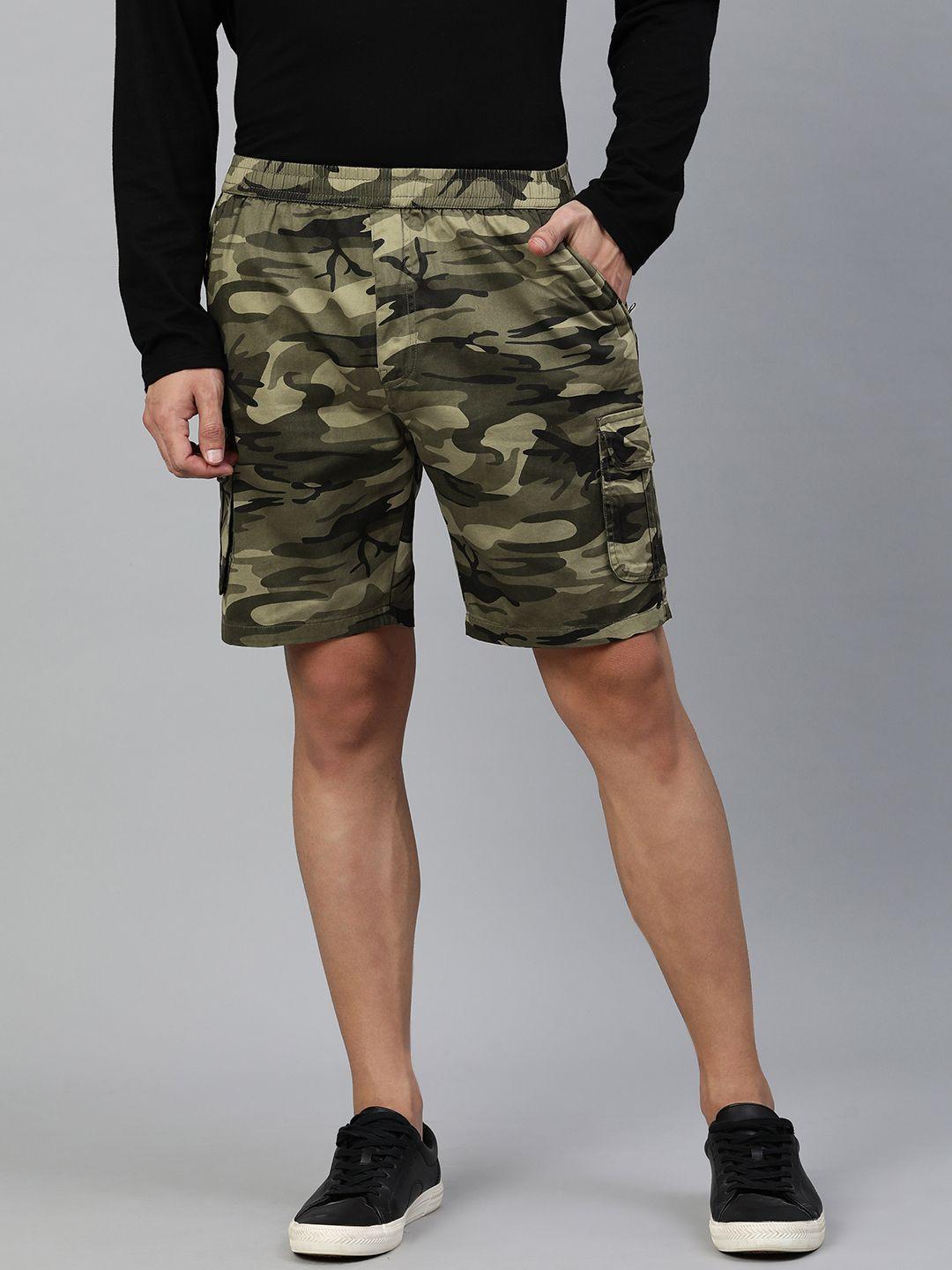 adbucks men olive green & beige camouflage printed pure cotton cargo shorts