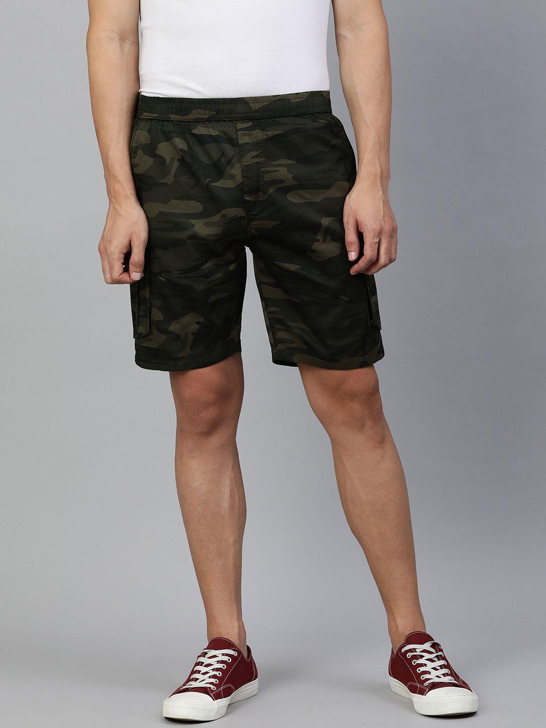 adbucks men olive green & brown camouflage printed pure cotton cargo shorts