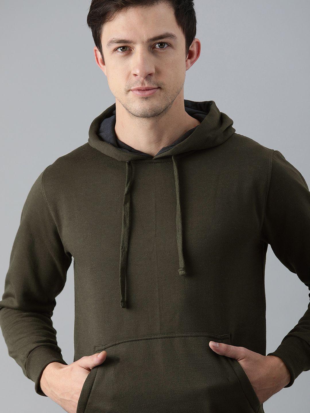 adbucks men olive green cotton hooded sweatshirt