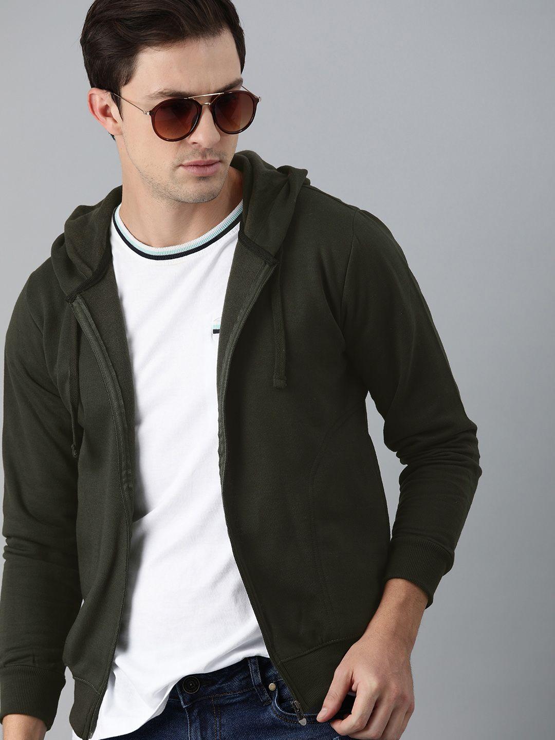 adbucks men olive green cotton hooded sweatshirt