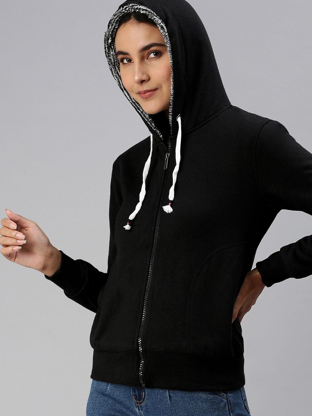 adbucks women black solid hooded pure cotton sweatshirt