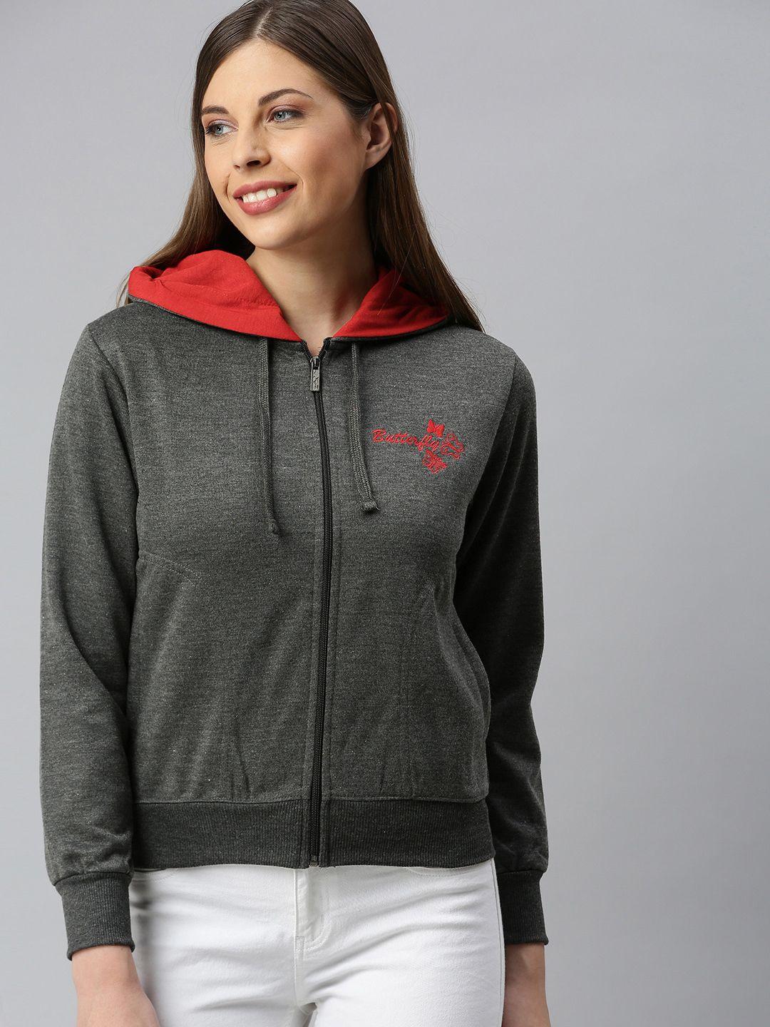 adbucks women charcoal grey solid hooded sweatshirt