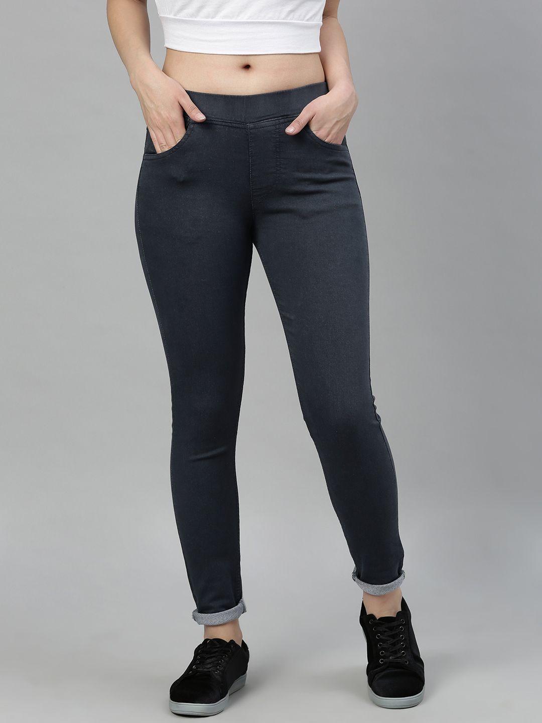 adbucks women charcoal grey solid slim fit jeggings