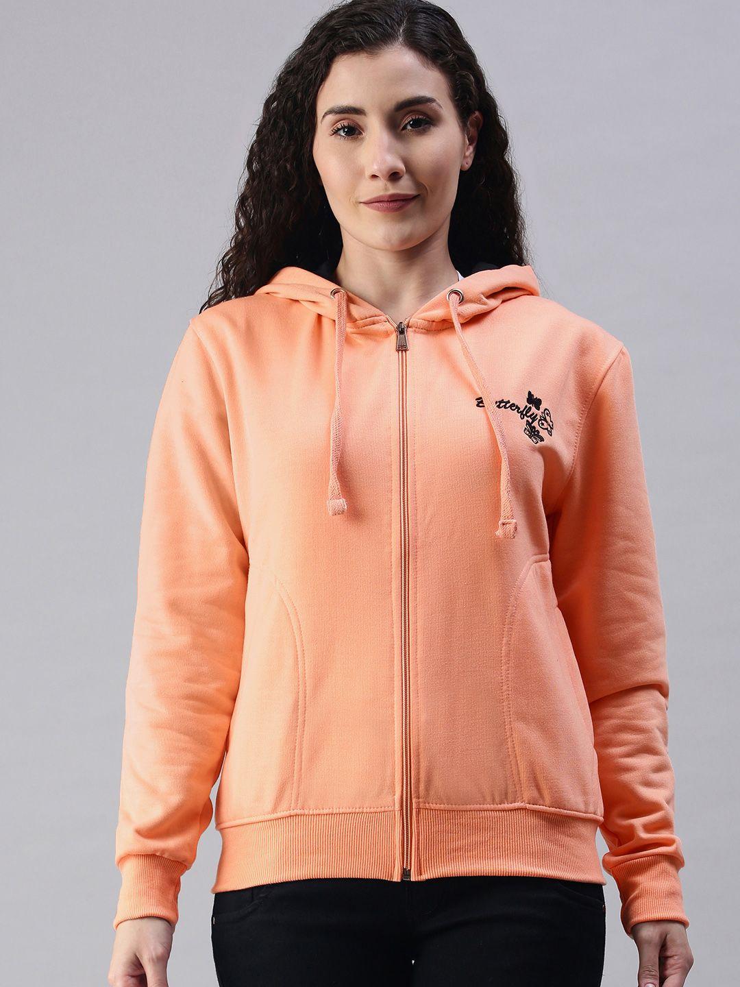 adbucks women coral orange solid cotton regular open front jacket with embroidered detail