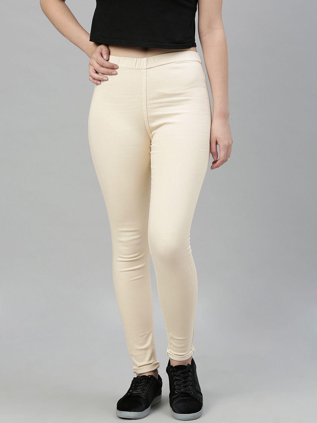 adbucks women cream-coloured solid slim fit jeggings