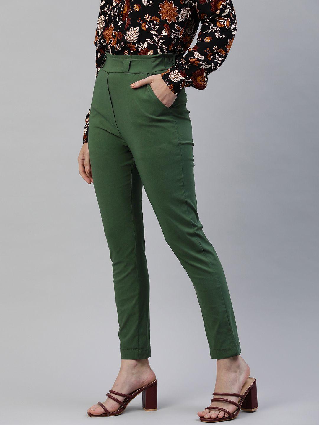 adbucks women green slim fit high-rise peg trousers