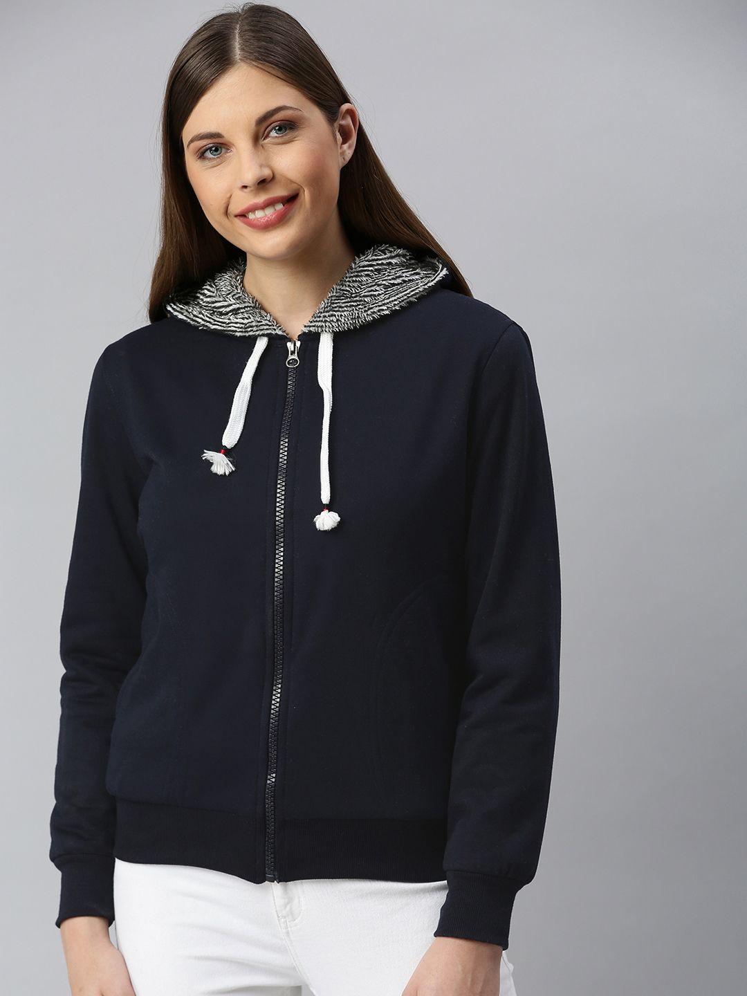 adbucks women navy blue solid hooded sweatshirt